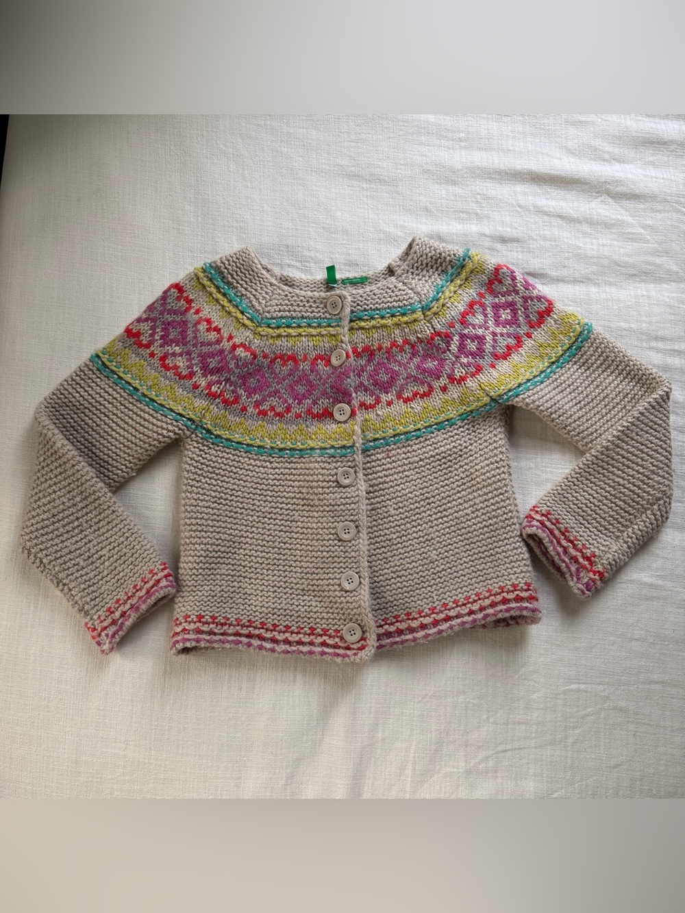 Vintage Benetton Fair Isle Heart Knit Cardigan Sweater XS Colorful Button